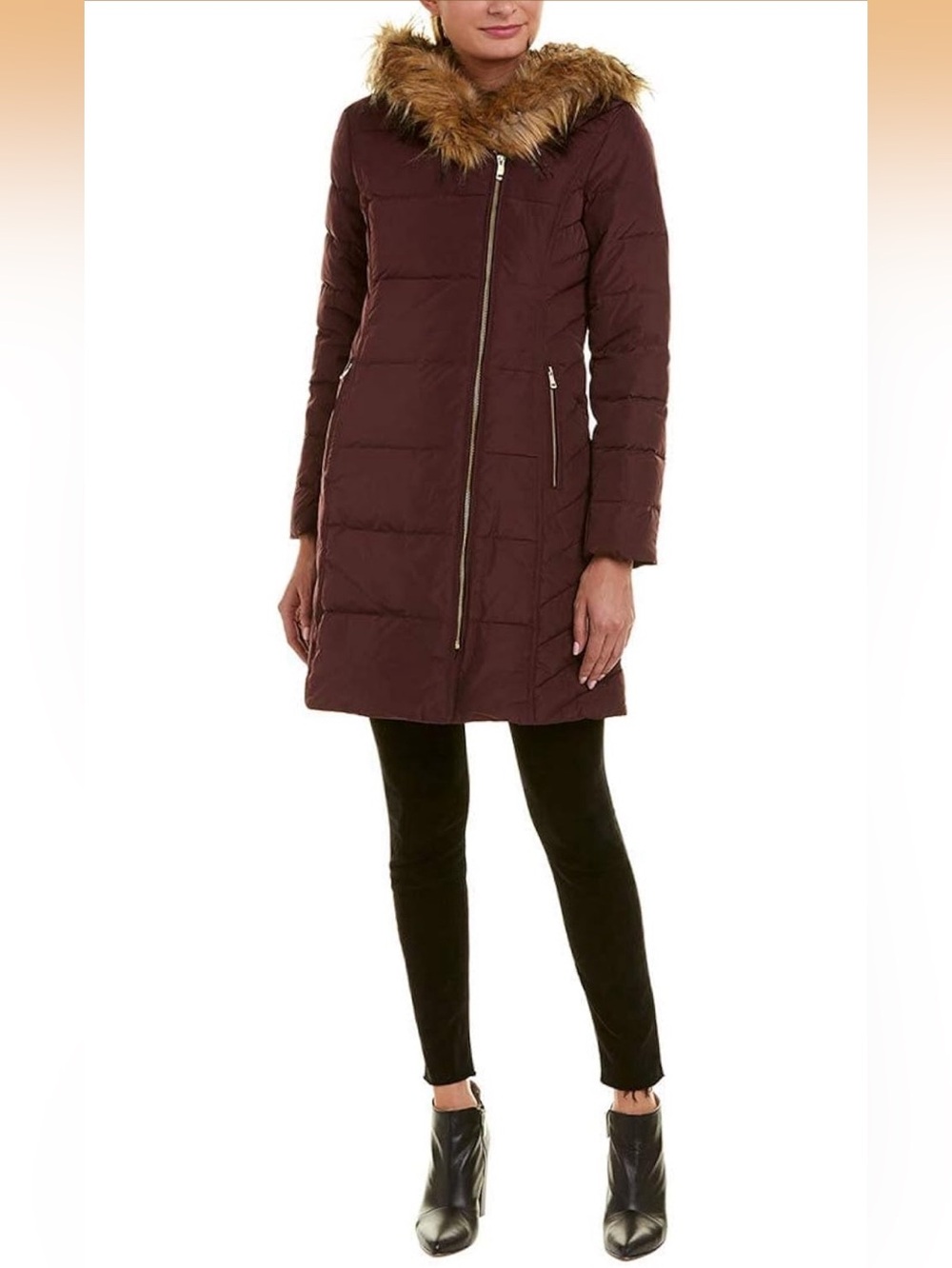 Cole Haan Signature Merlot Faux-Fur-Trim Hooded Asymmetrical Down Puffer Coat